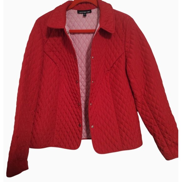 Red Quilted Button-Down Jacket With Striped Lining Size 14 By Briggs New York - Picture 3 of 6
